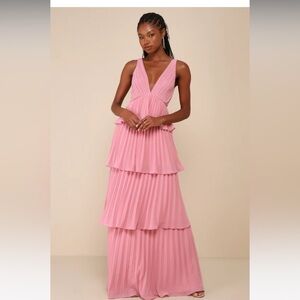 Lulus Mesmerizing Essence Pink Pleated Backless Tiered Maxi Dress